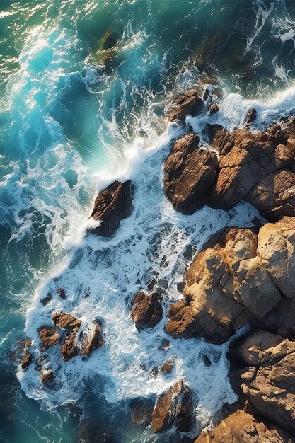 Uma onda do mar está batendo nas rochas.