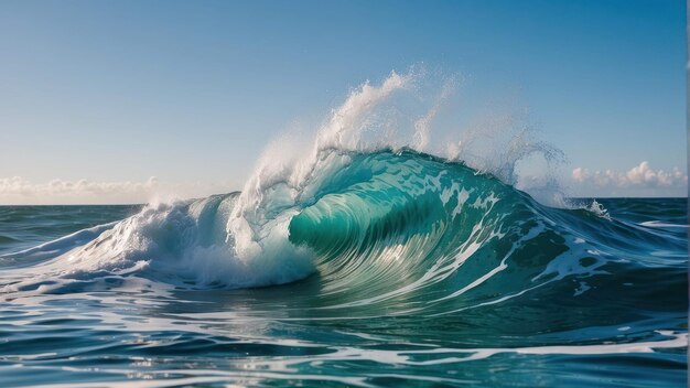 Uma onda do oceano com spray em tons azuis vibrantes