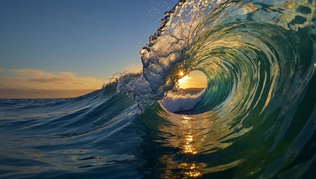 Uma onda do oceano enrola-se e bate