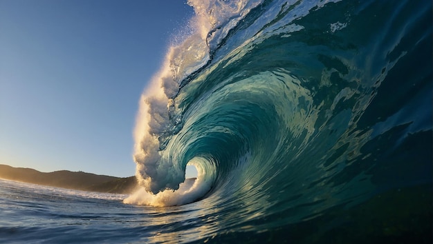 Uma onda do oceano enrola-se e bate