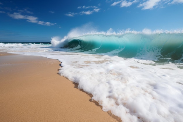 Uma onda em uma praia com um céu azul ao fundo