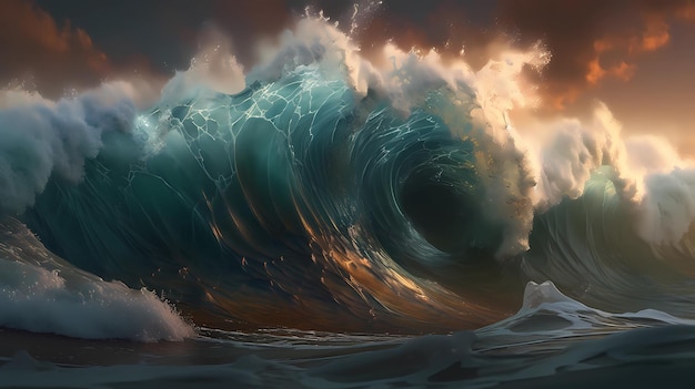 Uma onda enorme subindo da ilustração de arte digital do oceano