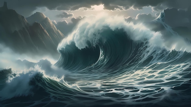 Uma onda enorme subindo da ilustração de arte digital do oceano