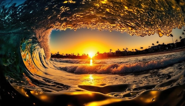 Uma onda está quebrando ao pôr do sol.
