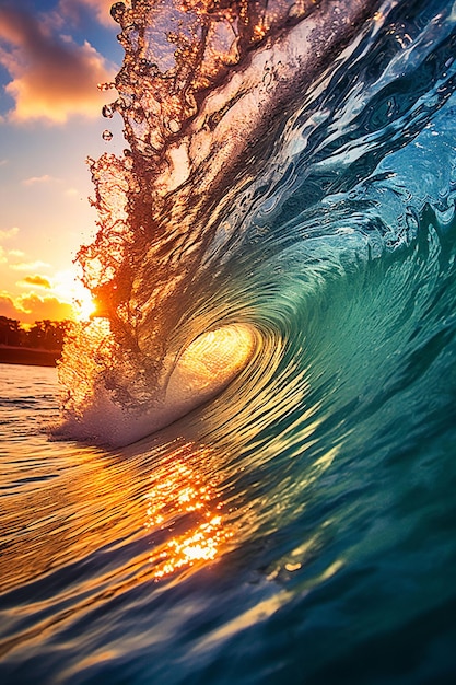 Uma onda está quebrando na frente de um pôr do sol.