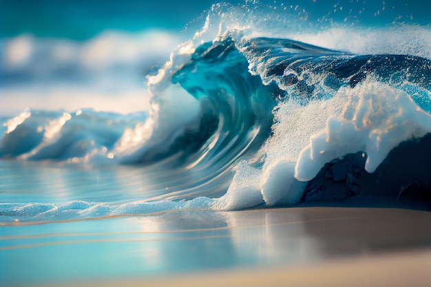 Uma onda está quebrando na praia e a água é azul.