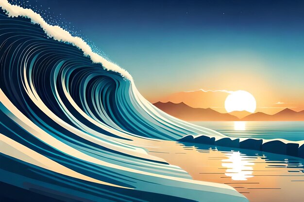 Uma onda está quebrando na praia e o sol está se pondo.