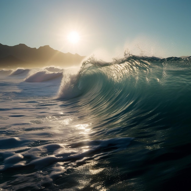 Uma onda está quebrando no oceano com o sol se pondo atrás dela.