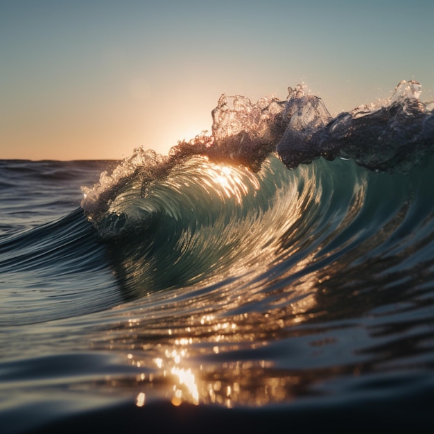 Uma onda está quebrando no oceano com o sol se pondo atrás dela.