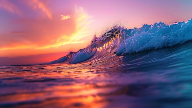 Uma onda majestosa batendo no oceano ao pôr-do-sol