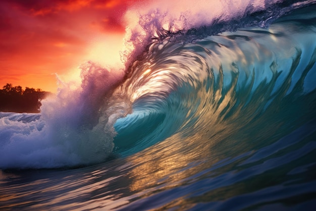 Foto uma onda majestosa do pôr do sol batendo na costa