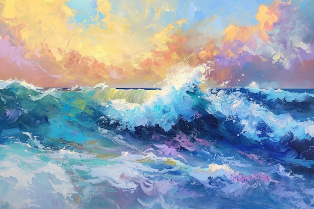 Uma onda poderosa bate no oceano criando uma exibição cativante de força natural pintura de estilo impressionista de ondas oceânicas coloridas gerada por IA