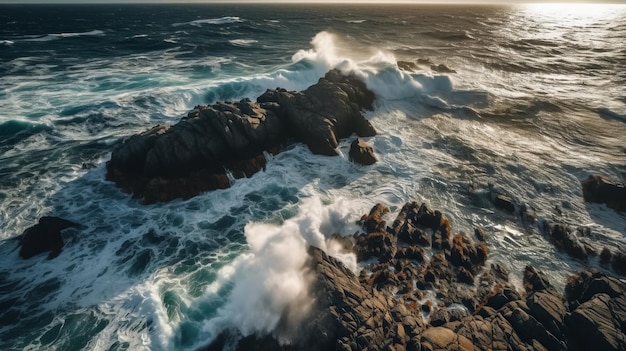 Uma onda quebra em uma costa rochosa com o sol se pondo atrás dela.