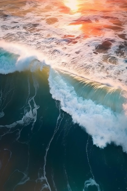 Uma onda quebra na praia.