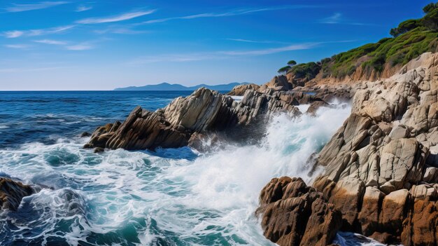 uma onda quebrando um penhasco rochoso com o oceano ao fundo