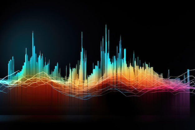 Uma onda sonora energética e dinâmica com uma explosão de cores vivas contra um fundo preto elegante Representação abstrata de um gráfico flutuante do mercado de ações gerado por IA