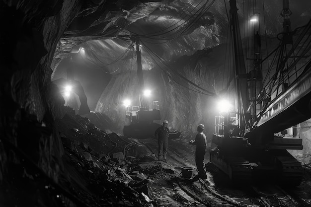 Uma operação de mineração subterrânea Mineiros com faróis iluminam o túnel rochoso escuro enquanto trabalham com máquinas pesadas para extrair recursos valiosos