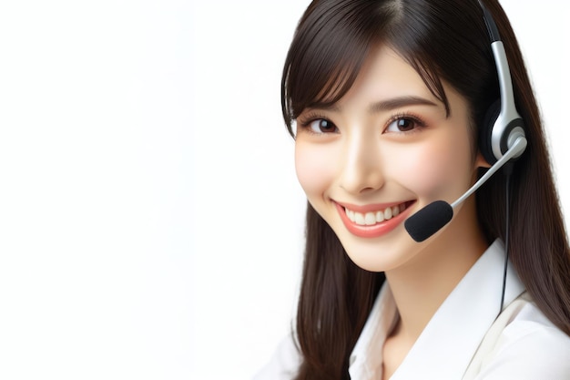 uma operadora de helpdesk de call center sorridente em um fundo branco