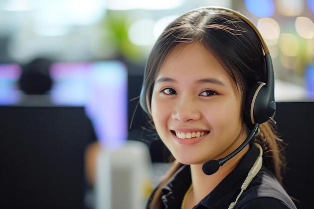 Foto uma operadora de helpdesk de call center sorridente