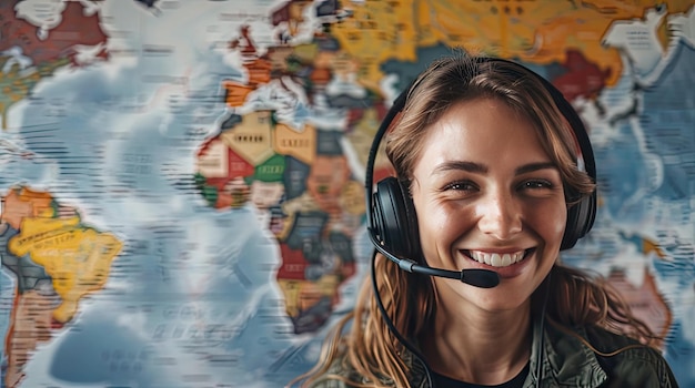 Foto uma operadora de serviço ao cliente sorridente com um fone de ouvido isolado em um fundo de mapa internacional