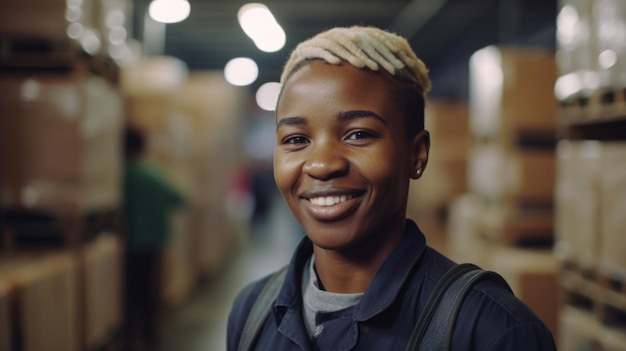 Uma operária africana sorridente em pé no armazém