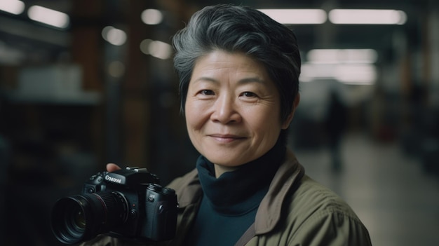 Uma operária chinesa sênior sorridente em pé no armazém