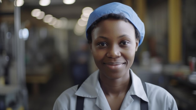 Uma operária eletrônica africana sorridente em pé na fábrica