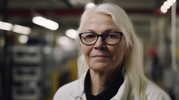 Uma operária eletrônica sueca sênior sorridente em pé na fábrica