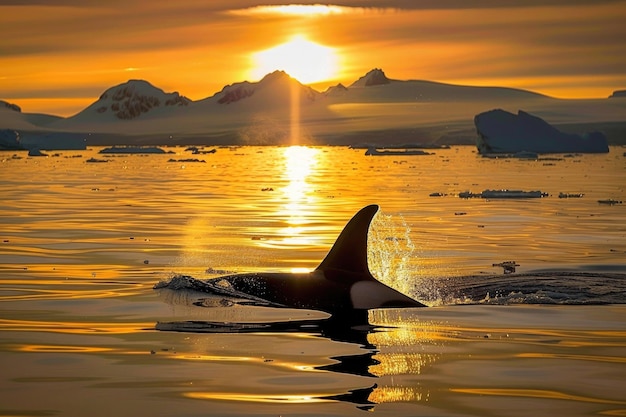 Uma orca emerge nas águas do Ártico sob o sol da meia-noite