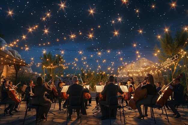 Uma orquestra sinfônica tocando sob as estrelas em