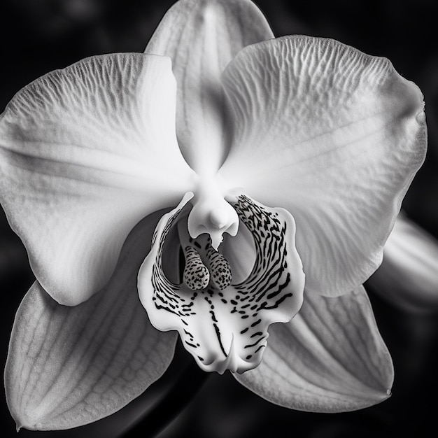 Uma orquídea branca com um padrão preto e branco.