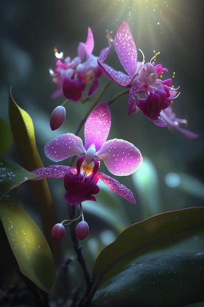 Uma orquídea rosa com algumas gotas de orvalho