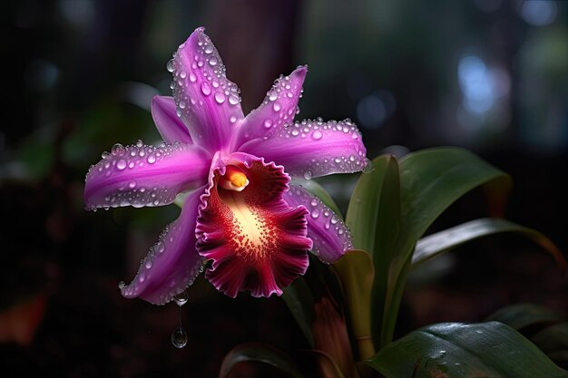 Foto uma orquídea roxa com água cai sobre ela