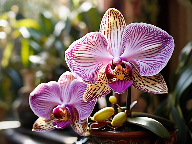 uma orquídea roxa com uma faixa branca na parte inferior