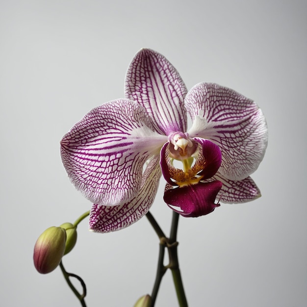 uma orquídea roxa e branca com uma flor rosa no meio