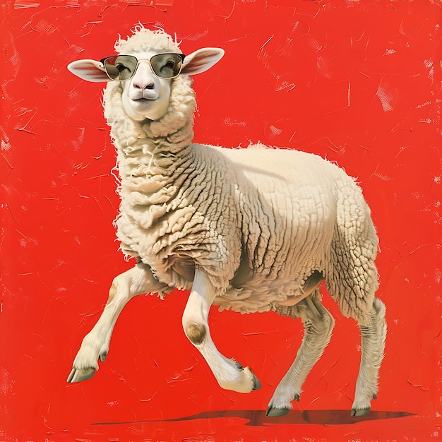 Uma ovelha branca com óculos de sol dançando em fundo vermelho
