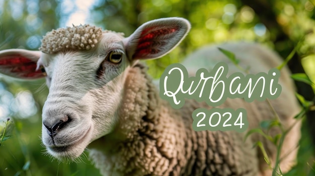 Foto uma ovelha branca com uma mancha marrom na cabeça a ovelha está olhando para a câmera a imagem é intitulada qurbani 2024 e faz parte de um calendário