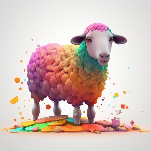 Uma ovelha colorida está de pé sobre uma pilha de tinta colorida.