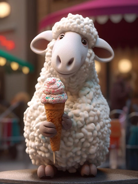 Uma ovelha com uma casquinha de sorvete