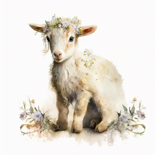 Uma ovelha com uma coroa de flores na cabeça