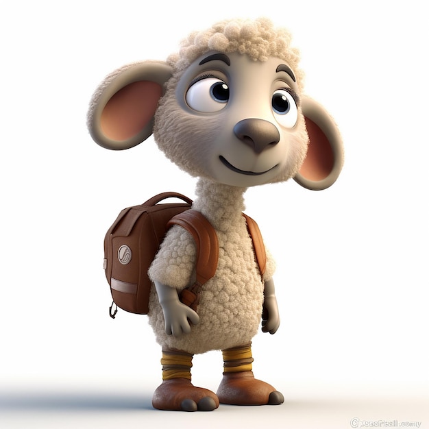 Uma ovelha com uma mochila e uma mochila está de pé sobre um fundo branco.