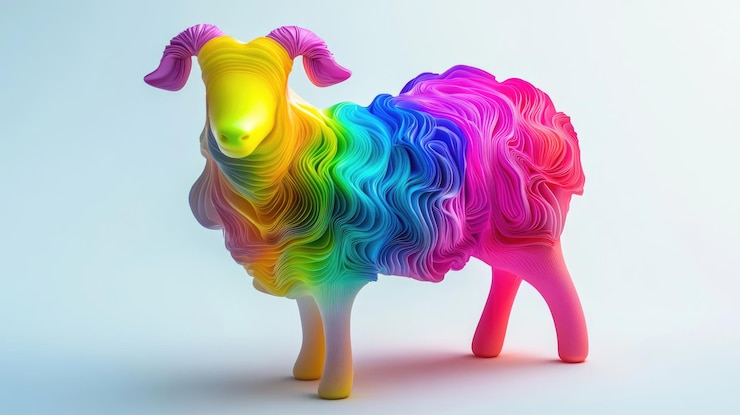 Foto uma ovelha de brinquedo colorida e brincalhona é lindamente exibida contra um fundo cinzento