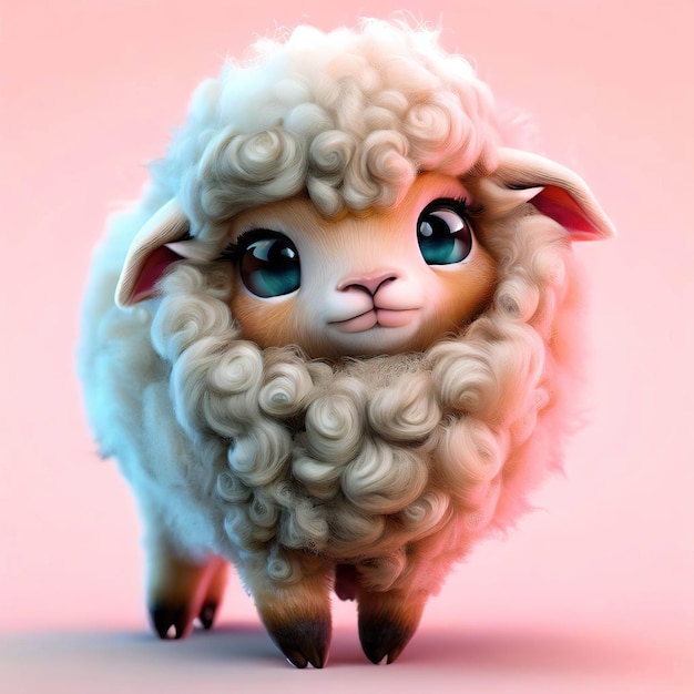 Uma ovelha de cabelos cacheados e olhos azuis caminha sobre um fundo rosa.