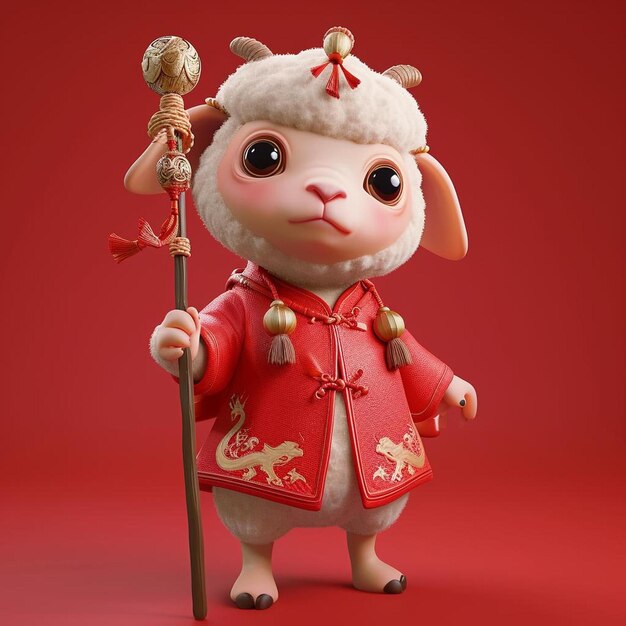 uma ovelha de desenho animado vestida com uma roupa chinesa