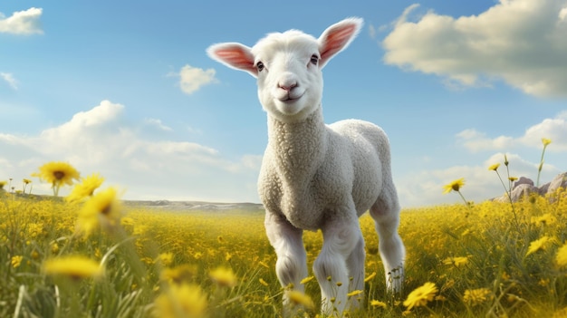 Uma ovelha de pé em um campo de flores amarelas