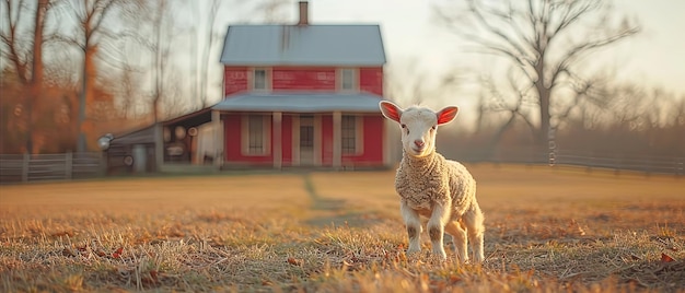 uma ovelha de pé em um campo em frente a um celeiro vermelho