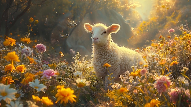 uma ovelha em um campo de flores com o sol brilhando através das folhas