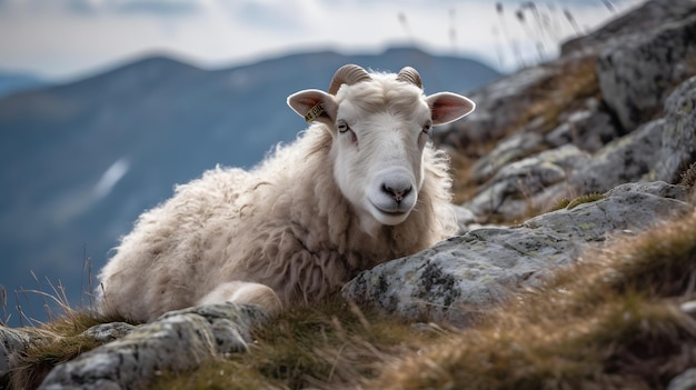 Uma ovelha em um lado da montanha