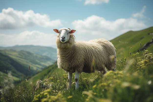 Uma ovelha em um pasto de montanha