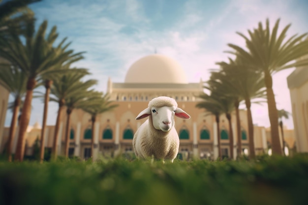 Uma ovelha está em frente a um edifício de mesquita durante a celebração do Eid